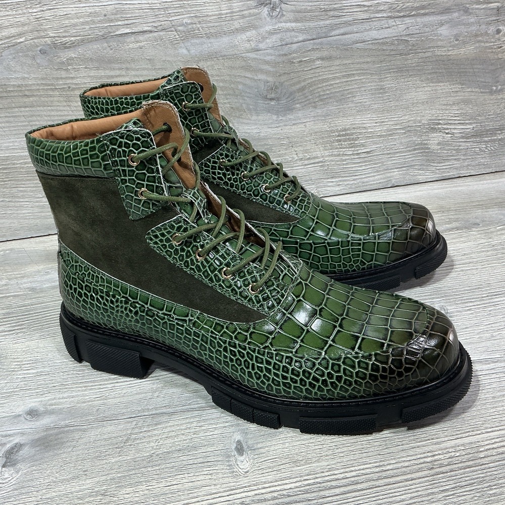 Marc Nolan Otis Green Crocodile Print Leather Lace-Up Combat Boots Men's Size 15